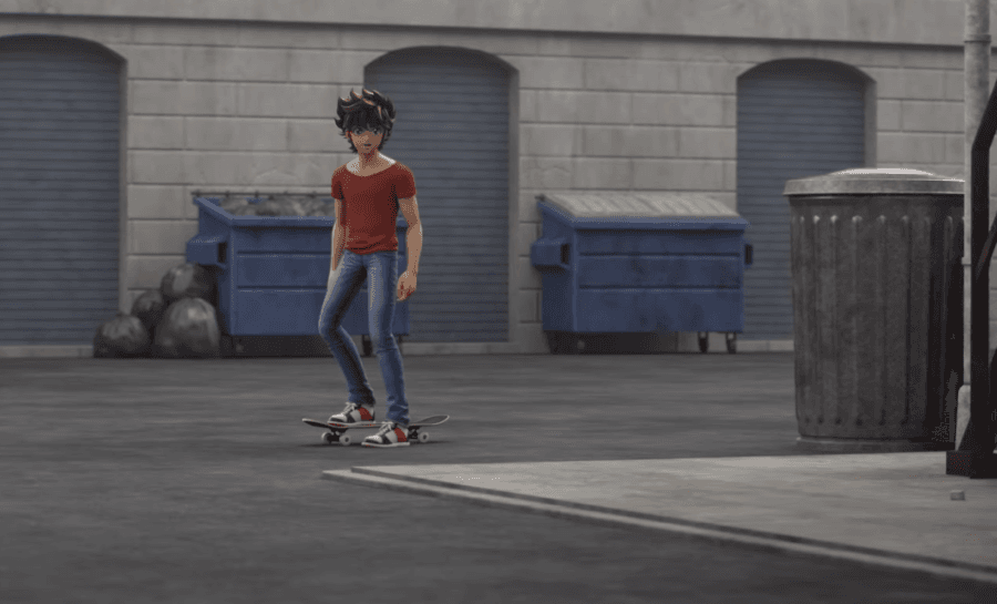 Seiya tiene ahora más pinta del puberto que es realmente según la historia. Hasta usa una patineta.