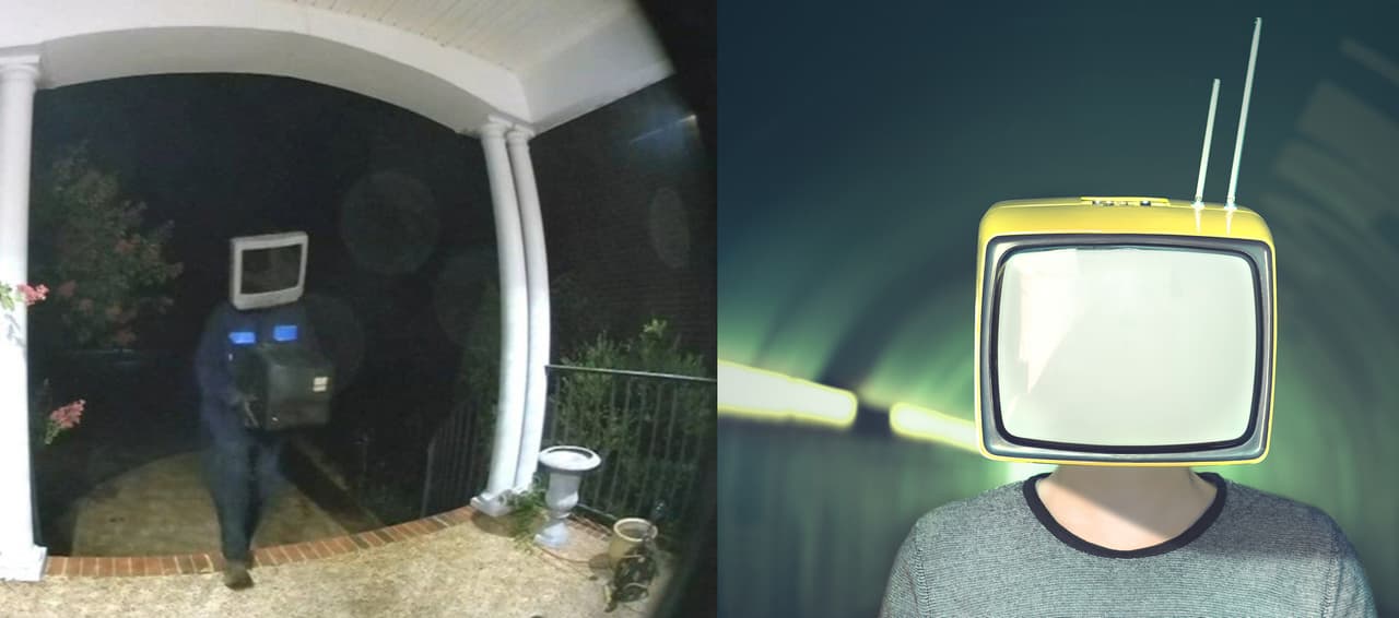 Un hombre con una televisión en la cabeza está abandonando teles viejas afuera de las casas en Estados Unidos