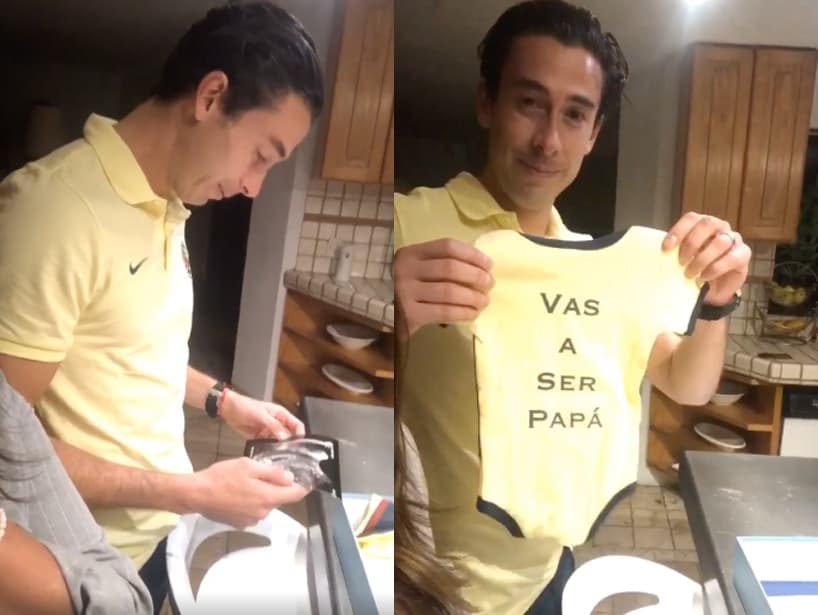 Unos días después, la conductora mostró el momento en el que le dijo a su esposo que estaba embarazada, obsequiándole un pañalero del Club América con el texto: “Vas a ser papá”.