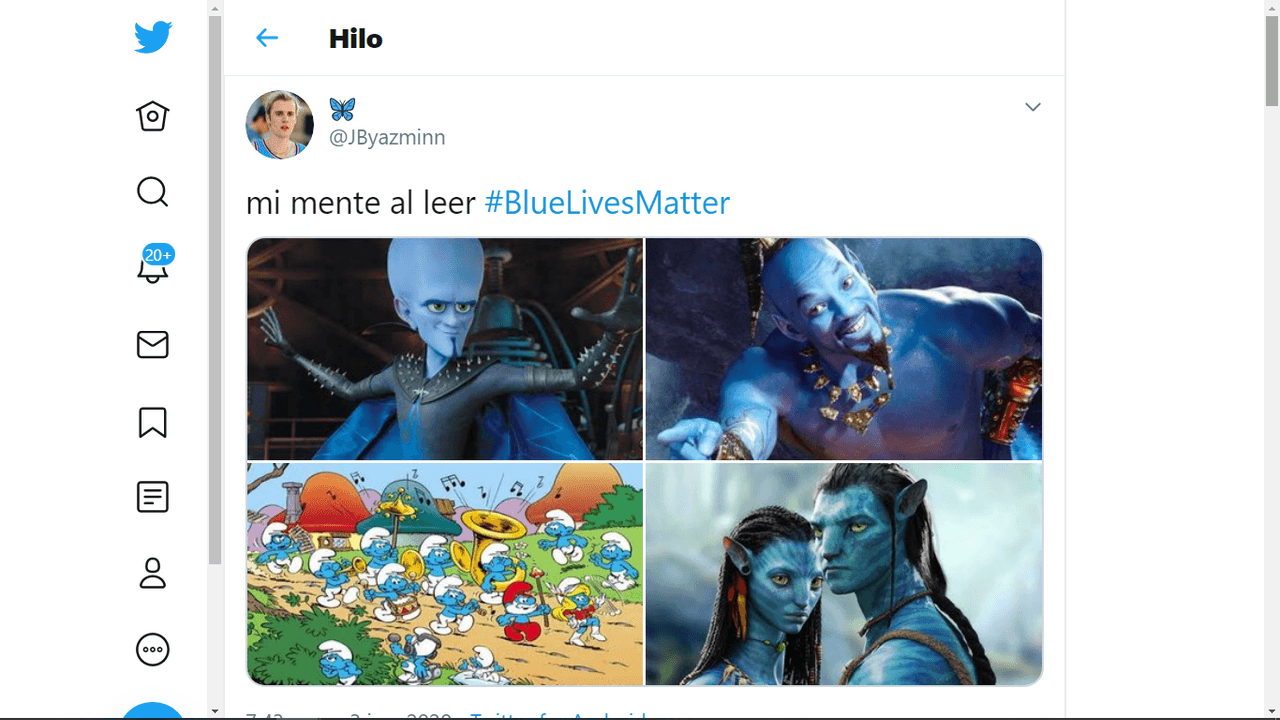 A la par, también los usuarios de Twitter aprovecharon la literalidad del hashtag y lo usaron para recordar personajes azules como Megamente, los pitufos, el Genio de Aladdin y los personajes de Avatar.