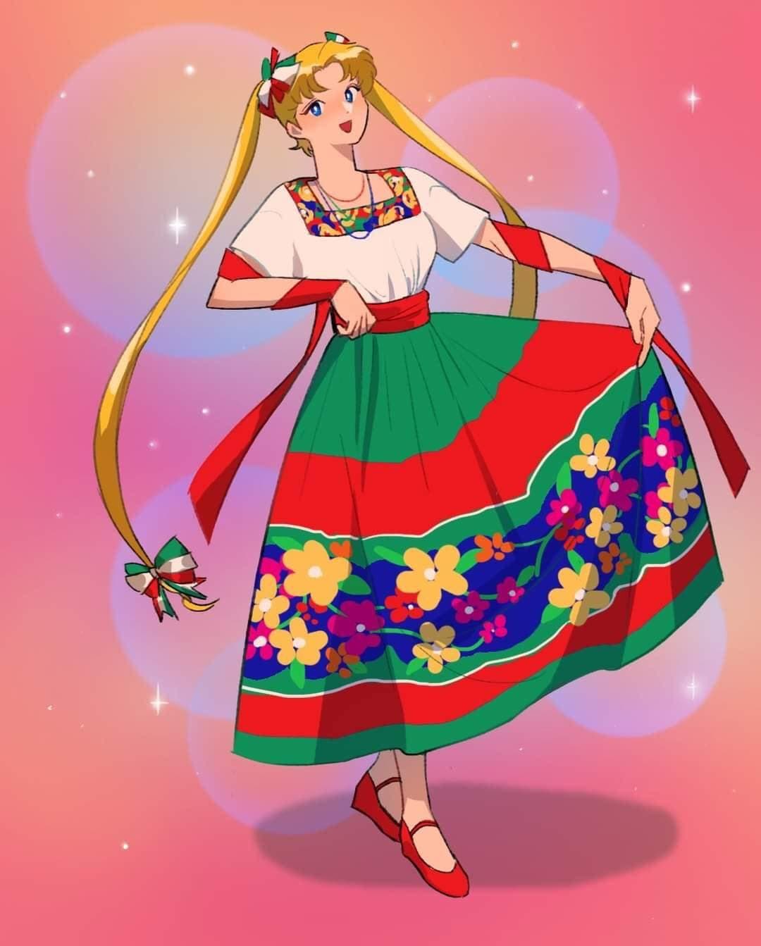 Sailor Moon, la reina Serenity, se ve muy bonita con su traje de china poblana, del Estado de Puebla.