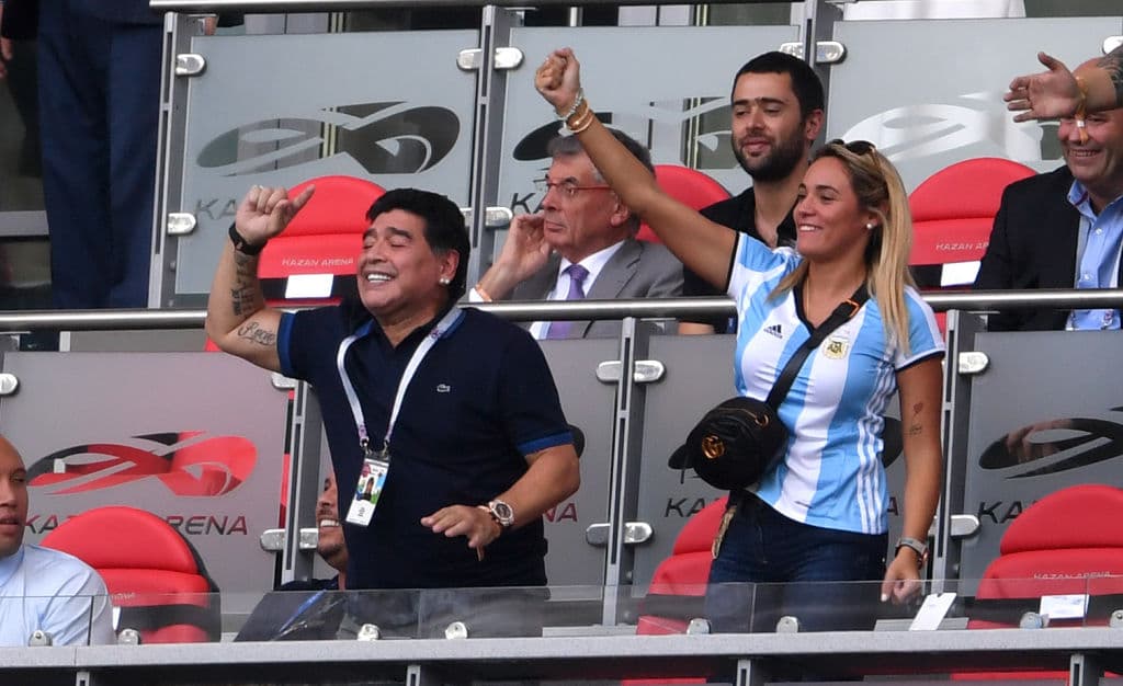 KAZAN, RUSSIA - JUNE 30: Diego Armando Maradona celebrates Argentina's second goal during the 2018 FIFA World Cup Russia Round of 16 match between France and Argentina at Kazan Arena on June 30, 2018 in Kazan, Russia. (Photo by Laurence Griffiths/Getty Images)