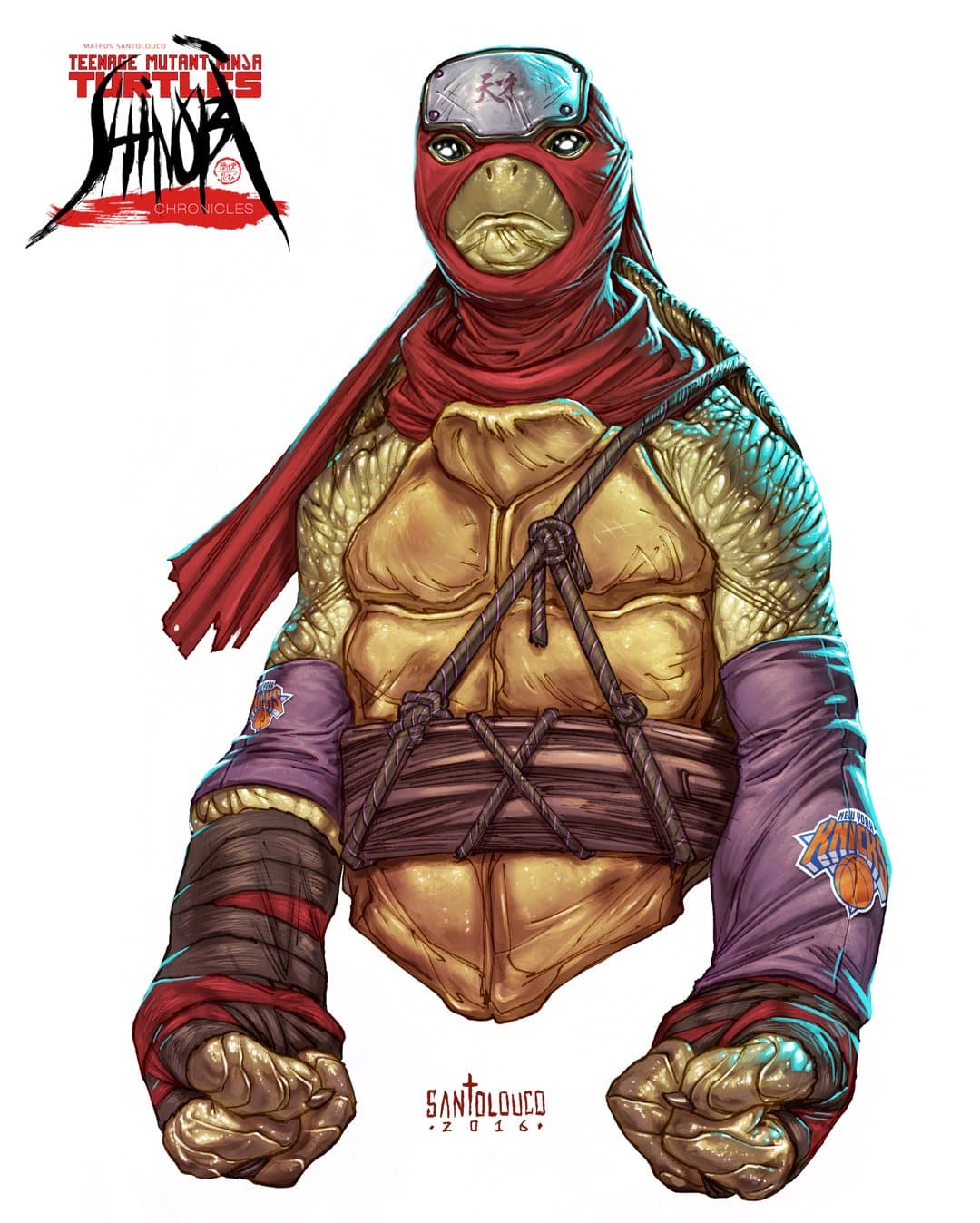 Donatello no podía faltar, con su placa como Naruto y apoyando a los Knicks en sus telas moradas de los brazos.