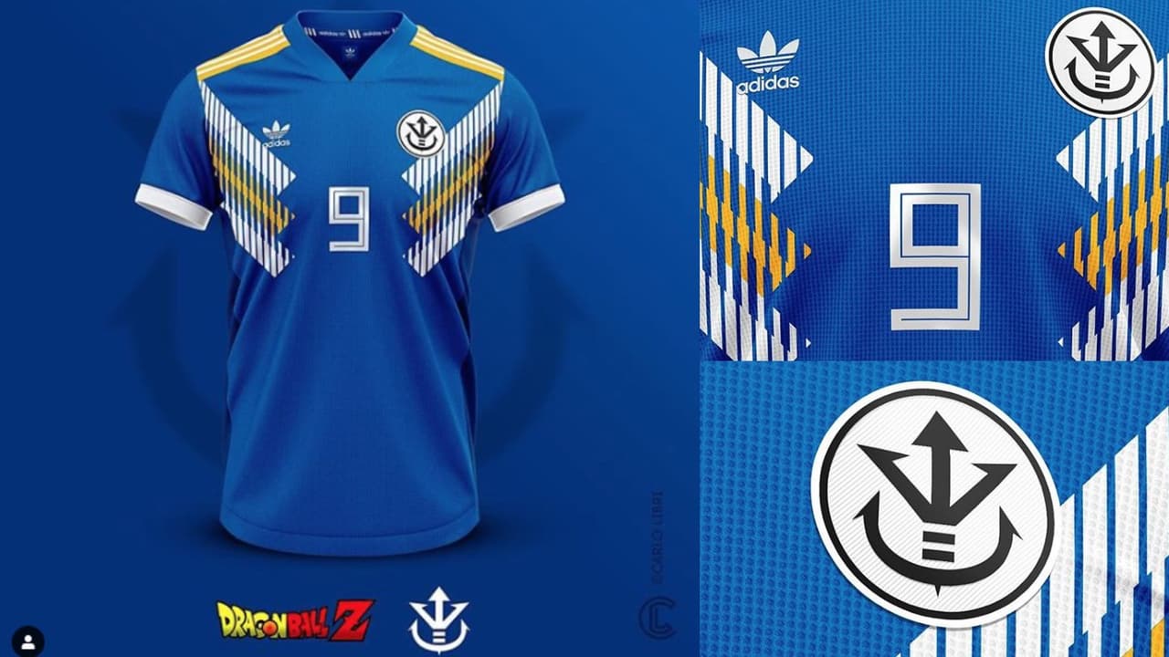 El Príncipe de los Saiyajin va con sus colores y el escudo de su familia.