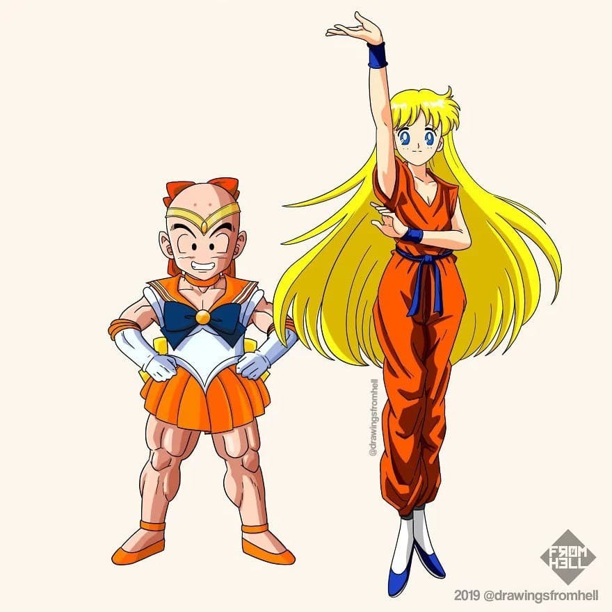 Krillin se ve gracioso por lo bajito que luce y, claro, con la tiara de Sailor Venus.