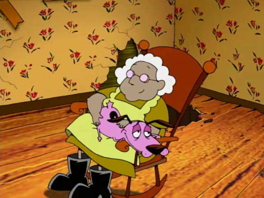 Coraje, el perro cobarde: Si bien no sabemos exactamente si tiene nietos, Muriel Bolsa si tiene una hija con Justo. Finalmente tiene toda la pinta para ser una abuelita y Coraje la cuida de todos los sucesos paranormales que pasan en Ningún Lugar.