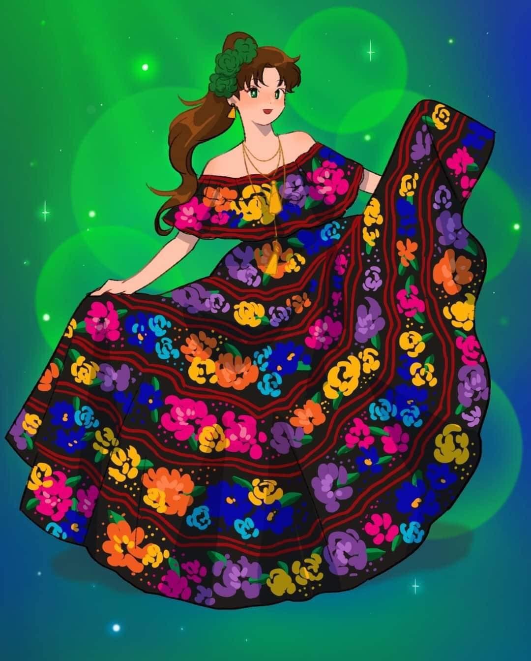 En el caso de Sailor Júpiter, la vemos con un bonito vestido chiapaneco que se usa en las Fiesta de Enero.