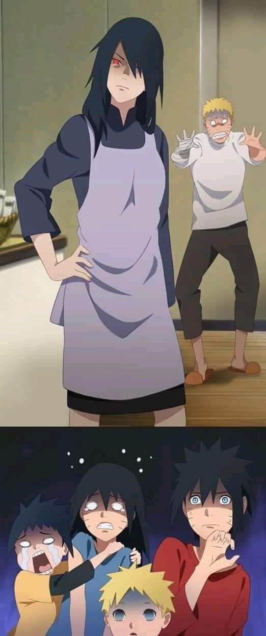 Pero fueron más allá y hubo esenas en las que mamá Sasuke saca el sharingan cuando se enoja con... sus hijos.