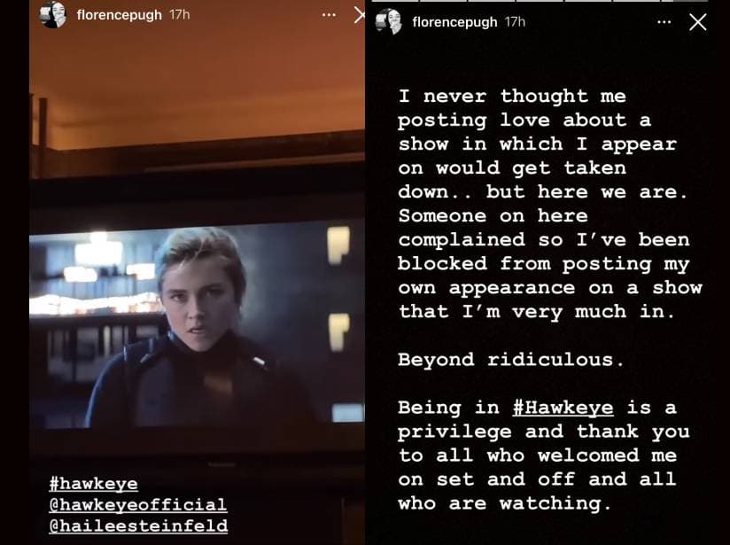 Censuran a Florence Pugh en Instagram por 'spoiler' de 'Hawkeye'