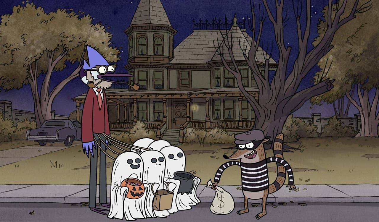 En la tercera temporada de ‘Un Show más’ (Regular Show) se estrenó un especial de Halloween con tres cortos individuales, en uno de ellos Rigby se disfraza de papá y lleva 5 globos vestidos como fantasmas para conseguir más dulces.