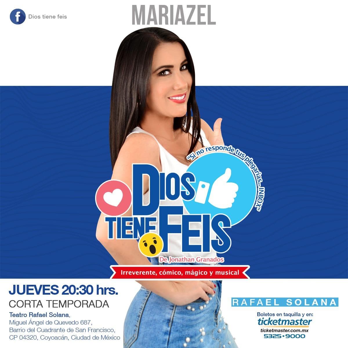 Ha estado en otras puestas en escena como 'Dios tiene feis'. Una sátira social divertida, ingeniosa y creativa sobre la interacción actual de todos nosotros en las redes sociales.