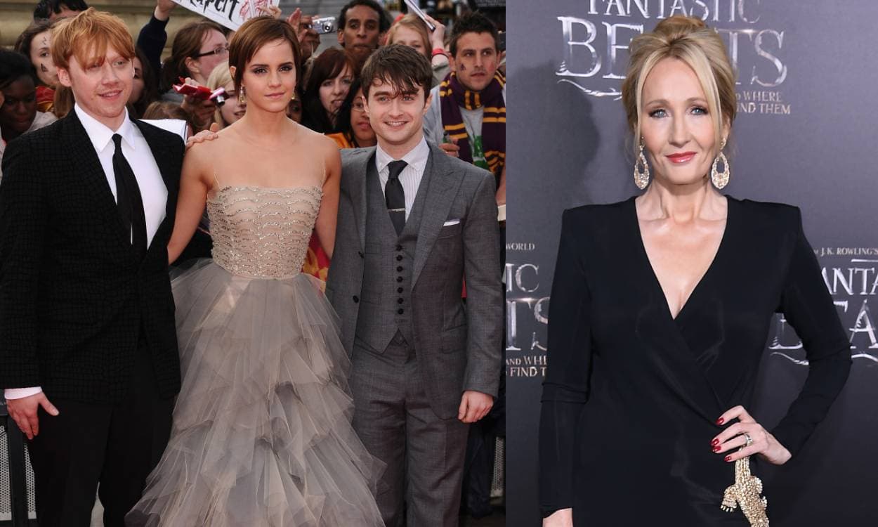 Rupert Grint, Emma Watson, Daniel Radcliffe y J.K. Rowling