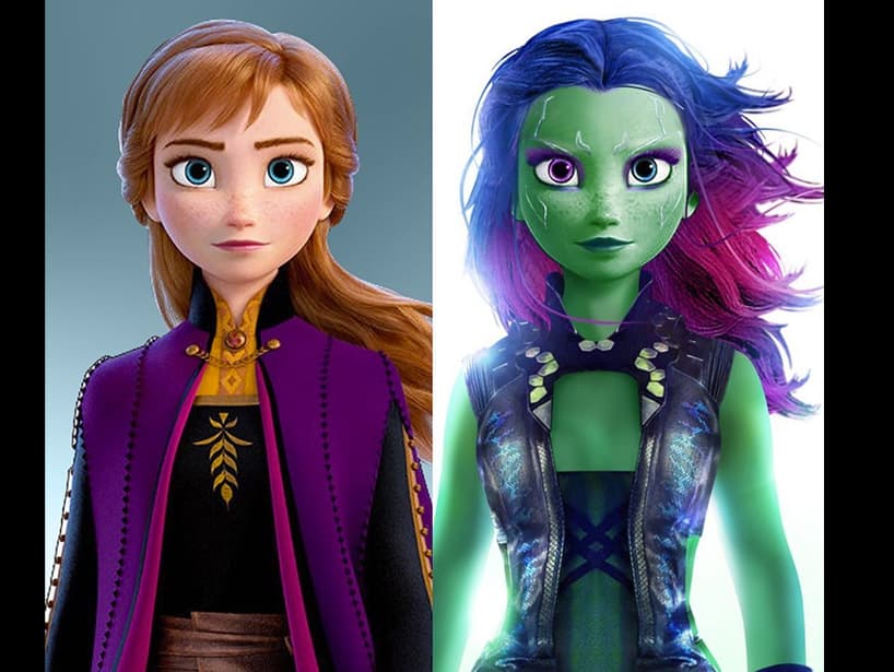 Mientras que Anna cambió el color de su piel, y el de su cabello, en esta ilustración en la que aparece como Gamora.