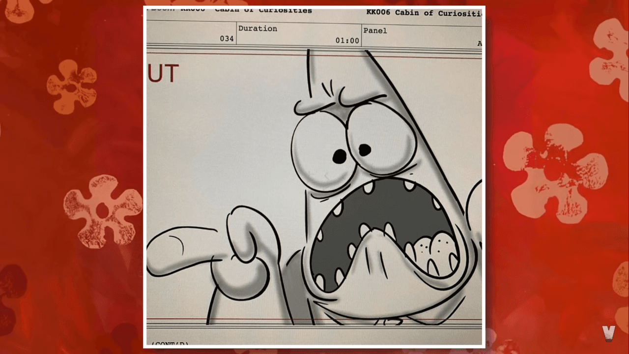 En esta imagen de Patricio Estrella apenas y se distingue que está usando la misma corbata. En la información del storyboard se lee "KK06 Cabin of Curiosities", o sea que es del capítulo seis de Koral Kamp, llamado 'Cabaña de curiosidades'.