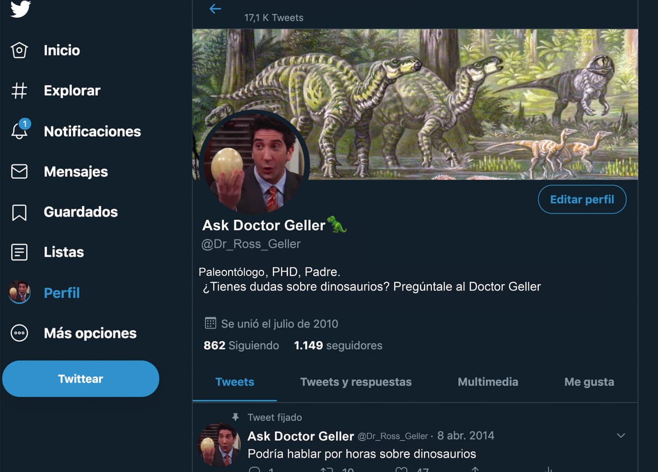 Ross seguramente tendría un Twitter en el que solo hablaría de temas relacionados con dinosaurios. Probablemente más de un troll le haría creer que su cuenta es algo muy interesante, y Ross ni lo notaría, simplemente creería que está ayudando al mundo resolviendo sus dudas sobre esos animales.