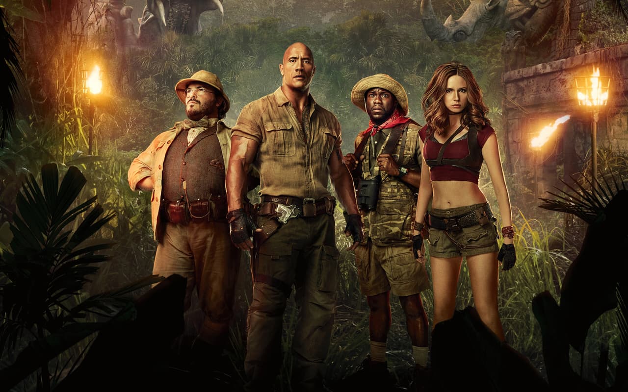 Dwayne Johnson, Kevin Hart, Karen Gillan y Jack Black en 'Jumanji: En La Selva'