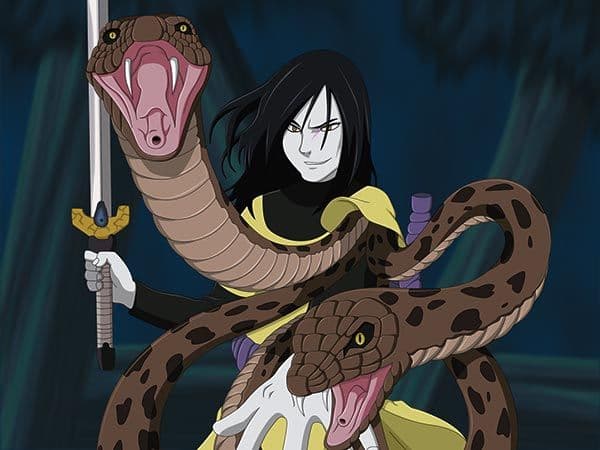 'Naruto' tiene tanto en el manga y el anime (como en los derivados de esta franquicia) a Orochimaru, "La Serpiente Blanca De Konoha". Este antagonista tiene ojos de serpiente, cambia de piel, su brazo se convierte en este animal, tiene el Poder de la Serpiente Blanca, invoca a Manda y es amigo del Sabio de la Serpiente Blanca y otras de la Cueva Ryūchi.