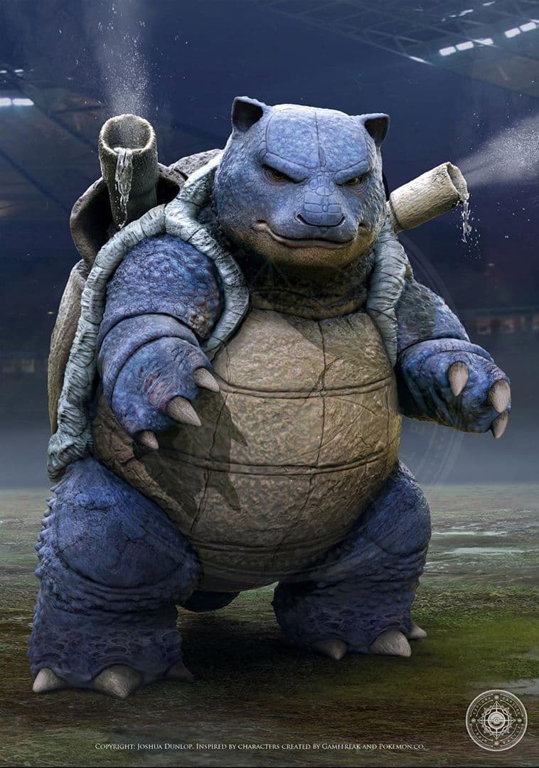 Blastoise puede lanzar chorros de agua con gran precisión por los tubos que salen de su caparazón.