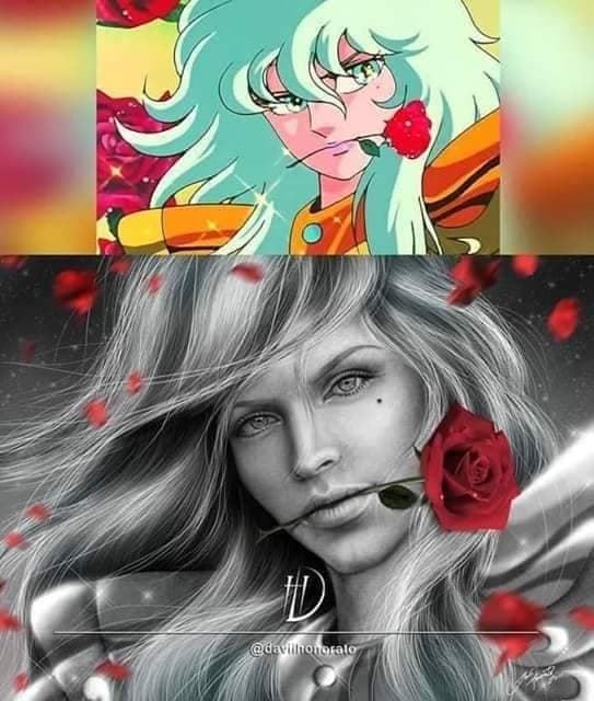Los rasgos femeninos pero recios de Afrodita, caballero de Piscis, están más que claros. Además siguiendo el patrón de cantantes, actrices y mujeres que suele retratar el autor.