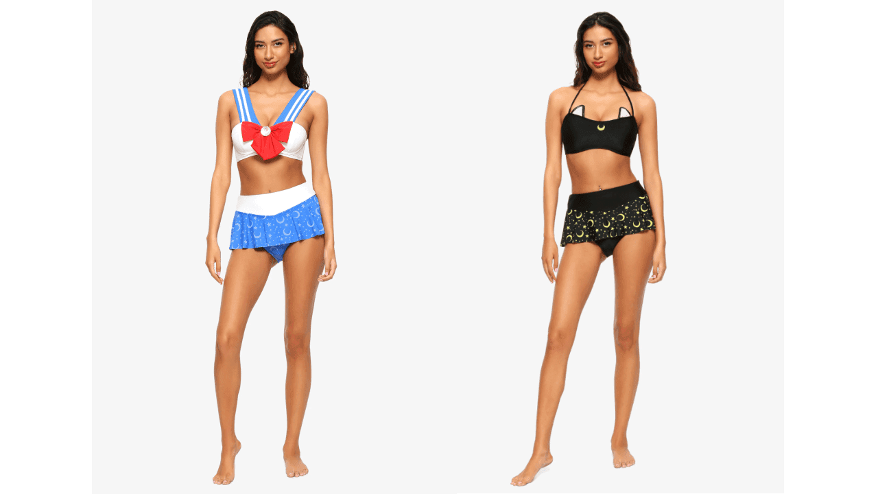 Y, claro, tenemos el de Sailor Moon, la protagonista, y hasta el de la gatita Luna (es el único modelo diferente en la parte superior). Los puedes adquirir en 
<a href="https://www.hottopic.com/search?q=sailor%20moon%20swim">https://www.hottopic.com/search?q=sailor%20moon%20swim</a>