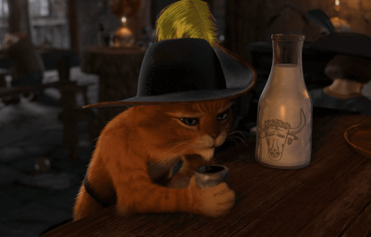En la escena en la que Shrek, Burro y el Gato están tomando en un bar, la botella de leche de la que toma el Gato con Botas, tiene dibujado a un toro con cabello chino. Esto fue planeado para que la ilustración se pareciera a Antonio Banderas, quien hace la voz del Gato.