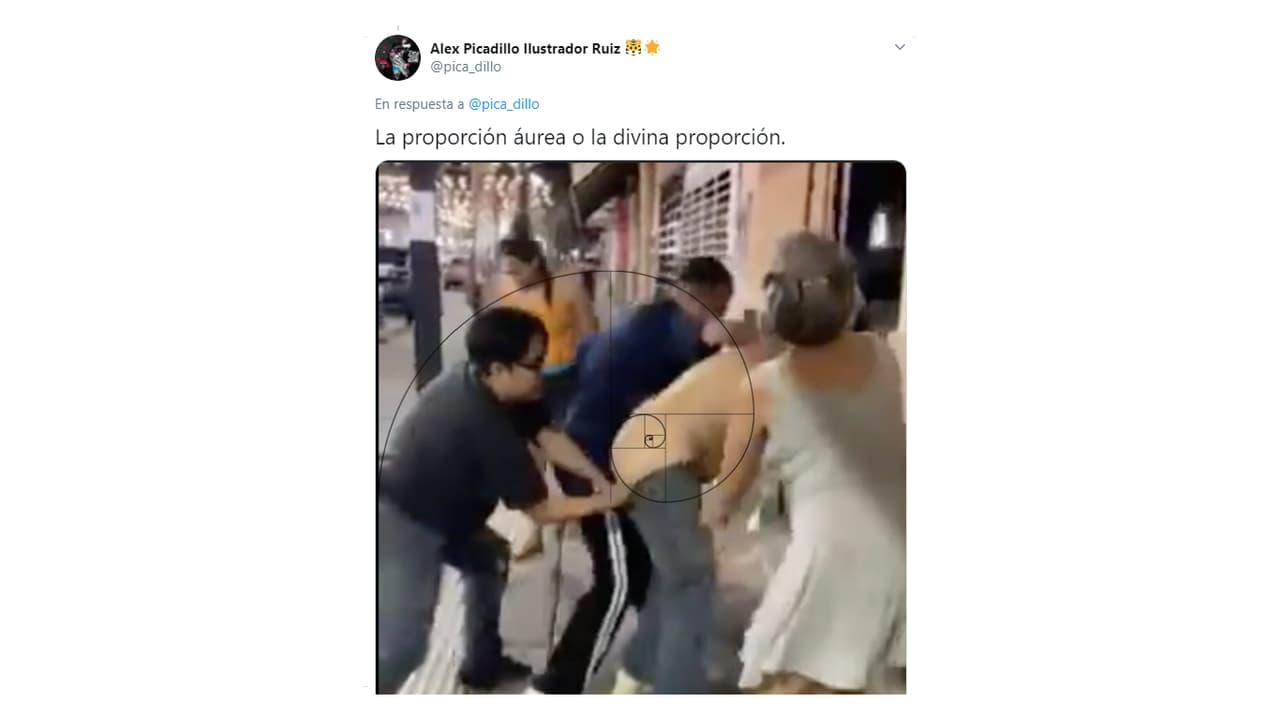 La grabación que circula en redes sociales muestra a tres personas le están pegando a un sujeto y uno de ellos decide bajarle el pantalon al sometido para picarle el trasero. Este meme con el cículo de Fibonacci nos muestra la "perfección" de ese momento.