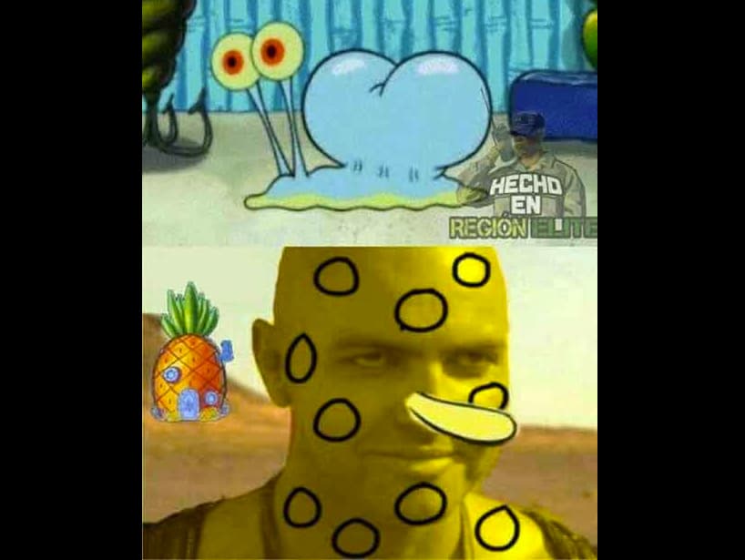 La persona que editó este meme no olvidó colocar la casa en forma de piña de ‘Bob Esponja’ al fondo de la imagen.