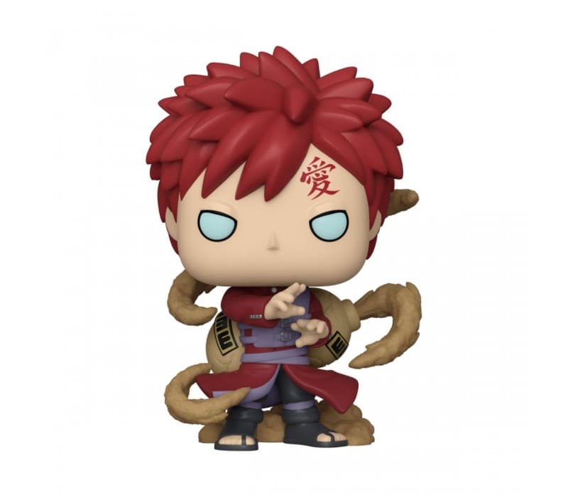 Gaara con su tatuaje en kanji en la frente con la palabra "amor" y arena a su alrededor.