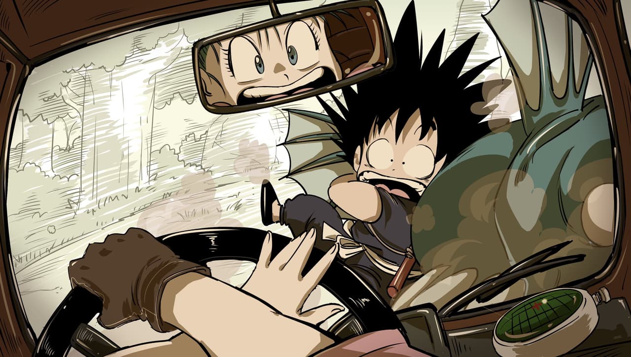 Ruto830 es el autor de estas imágenes. Aquí vemos el primer encuentro entre Bulma y Goku, cuando ella lo atropella mientras él va de regreso a casa tras pescar desnudo.