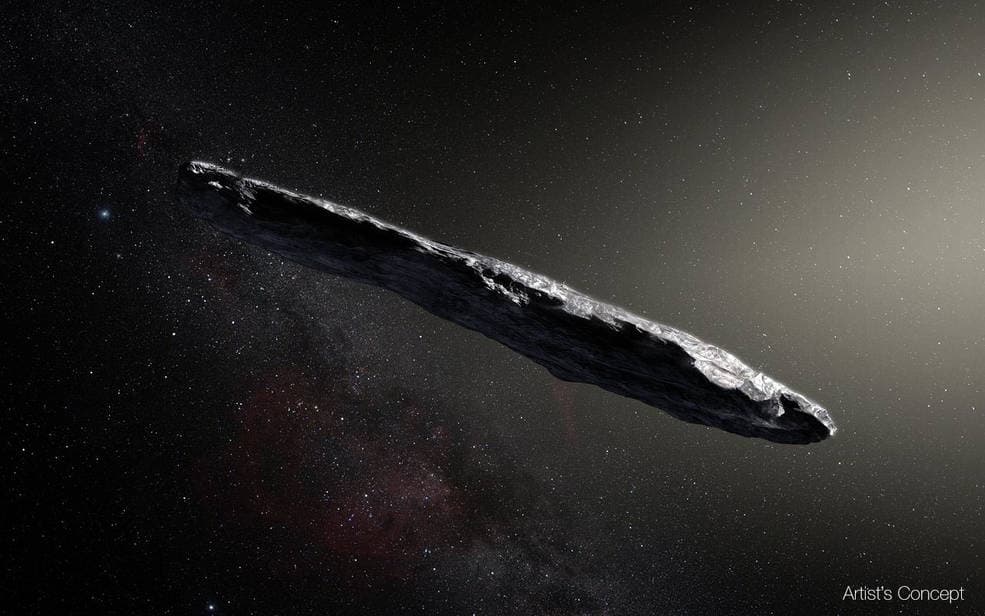 This artist’s impression shows the first interstellar asteroid: `Oumuamua. This unique object was discovered on 19 October 2017 by the Pan-STARRS 1 telescope in Hawai`i. Subsequent observations from ESO’s Very Large Telescope in Chile and other observatories around the world show that it was travelling through space for millions of years before its chance encounter with our star system. `Oumuamua seems to be a dark red highly-elongated metallic or rocky object, about 400 metres long, and is unlike anything normally found in the Solar System.