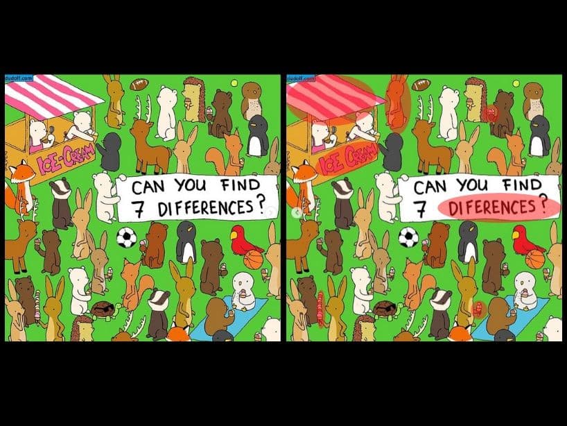 Algunos no eran tan fáciles:
<br>1.- El techo cambia el orden de los colores rojo y blanco.
<br>2.- El conejo de arriba está volteando a otro lado.
<br>3.- La palabra "Differences", tiene una "f".
<br>4.- "Ice-Cream" no tiene la palabra "guion".
<br>5.- El helado del oso de arriba no tiene una bola de chocolate.
<br>6.- El conejo de abajo no tiene helado en la primera imagen.
<br>7.- El helado del conejo de la izquierda, tiene un bola menos de nieve. No tiene una bolita de fresa.