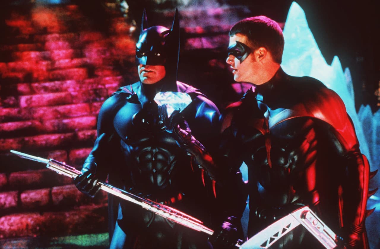 George Clooney, left, and Chris O'Donnell are shown in the roles of Batman and Robin in a scene from the upcoming Warner Bros. film "Batman and Robin." (AP Photo/Warner Bros., Christine Loss)