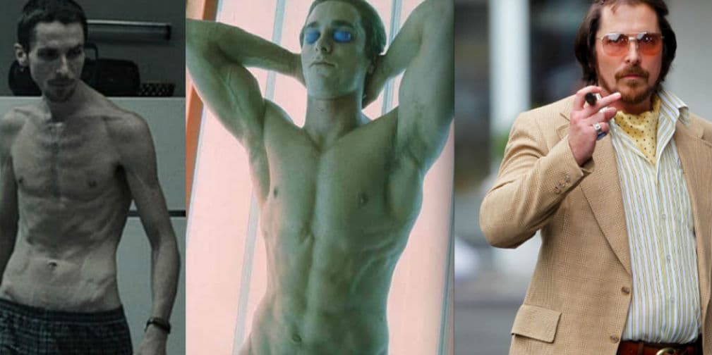 Sus transformaciones físicas son impresionantes, aquí en El Maquinista, Psicópata Americano y American Hustle.
