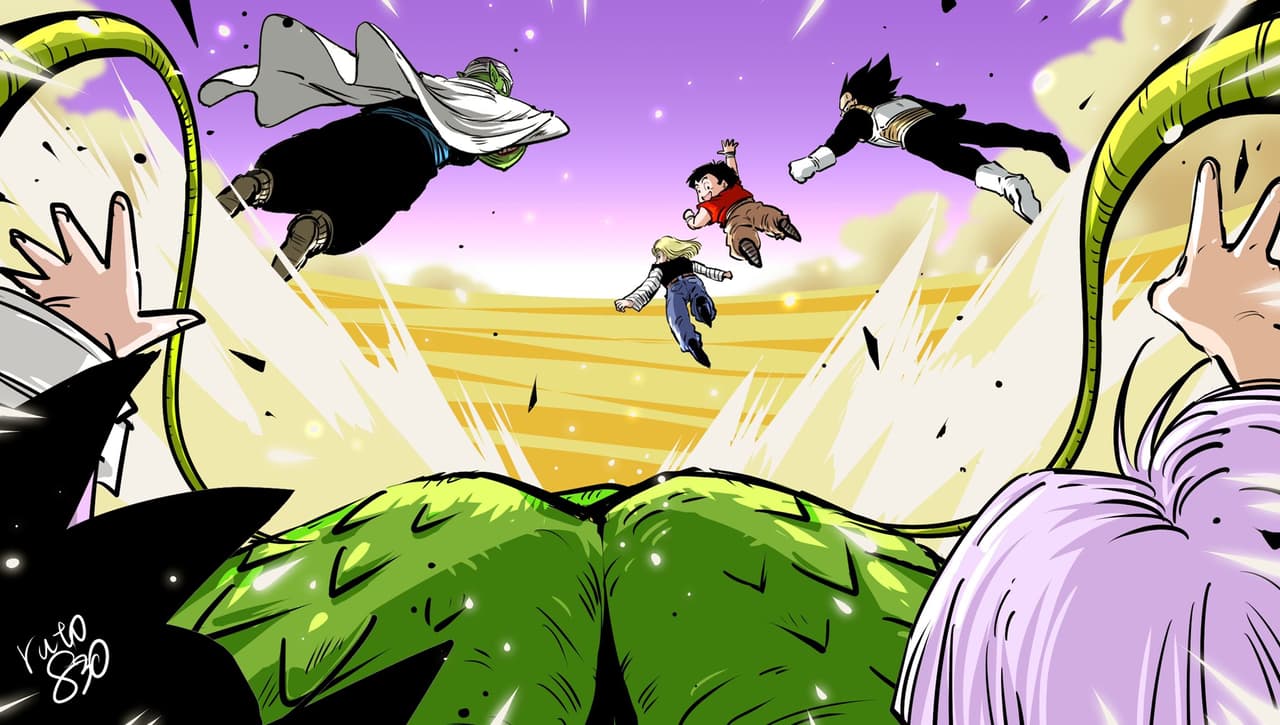 Seguimos con Gohan, pero un poco más grande. Ruto830 incluso hizo esta escena del opening 'El Poder Nuestro Es' desde la perspectiva de Gohan, montando a Shenlong con Trunks y Goten a su lado, mientras delante de él está Piccolo, Vegeta, Krillin y Lazuli (Androide 18).