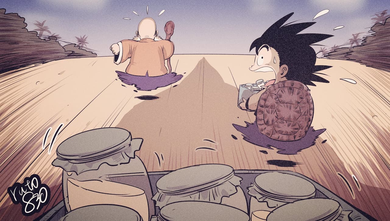 He aquí al maestro Roshi entrenando a Goku y Krillin, cargando el caparazón de tortuga mientras reparten leche y huyen de un dinosaurio.