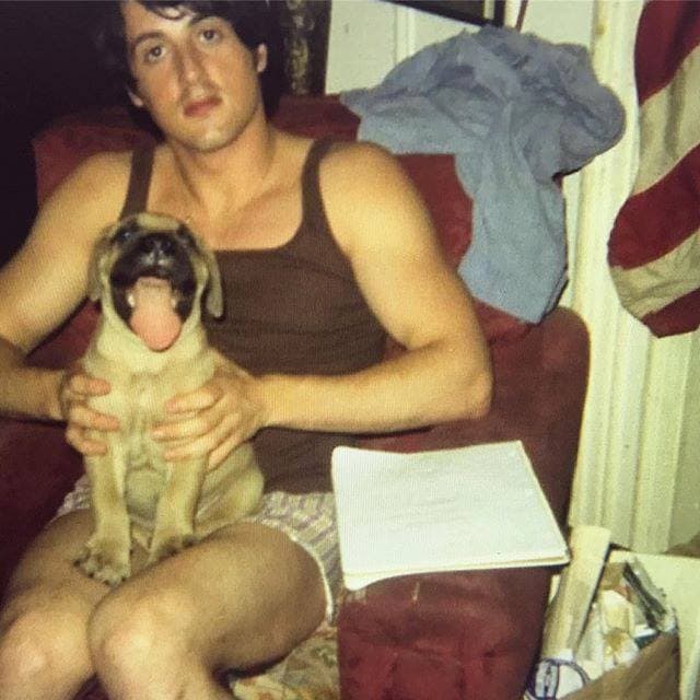 Stallone escribió sobre esta foto que "este soy yo y Butkus, vivíamos en un lugar de mala muerte, no había mucho que hacer excepto pasar tiempo juntos y ahí es donde comencé a aprender el oficio de la escritura de guiones. Como nunca salía, me apoyé en su compañía, y en realidad fue su idea escribir Rocky, pero no le digan a nadie".