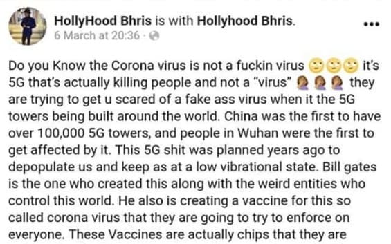 Dentro de las teorías que aseguran que Bill Gates está involucrado, también hay personas que dicen que es la tecnología 5G la que está enfermando a la gente. "Nos quieren asustar con un estúpido virus falso cuando en realidad son las torres de tecnología 5G construídas alrededor del mundo". Esto, claramente, es una locura y no tiene ninguna relación alguna con el coronavirus.