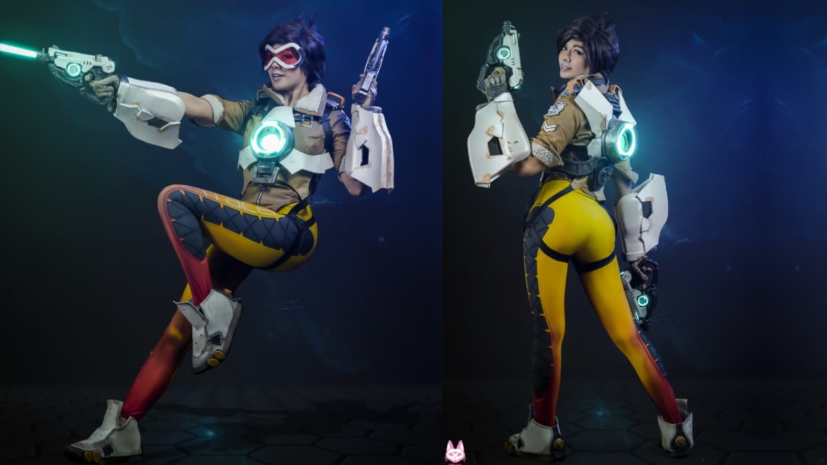 Entre los materiales que usa Momo para sus cosplays está el plastidip, porcelanizador, pinturas acrílicas, foamy moldeable. He aquí a Tracer de Overwatch.