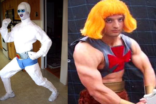 ¿Qué tienen los súper héroes que inspiran los peores disfraces? Basta ver la cara de HeMan para saber que no quedó conforme.