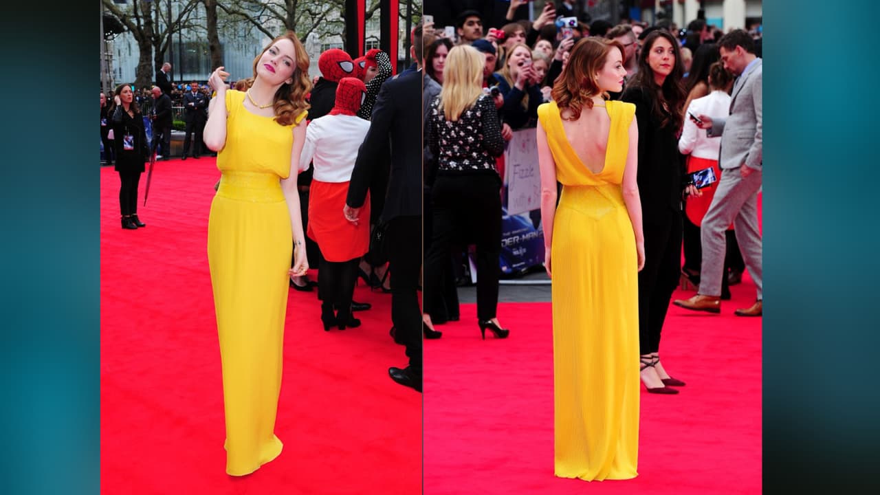 Con este vestido amarillo asistió a la premiere de The Amazing Spiderman 2 en Londres
