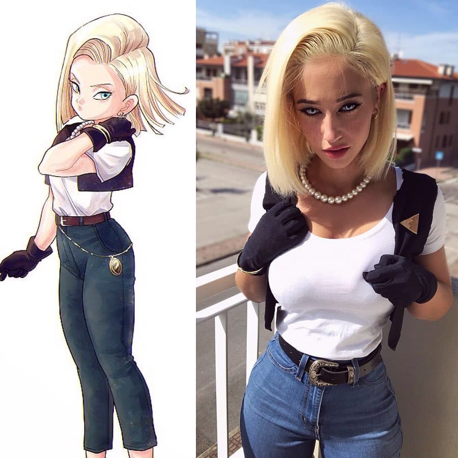 Uno de los personajes más recurrentes en sus cosplays es la Androide 18, tiene varias versiones de ella.